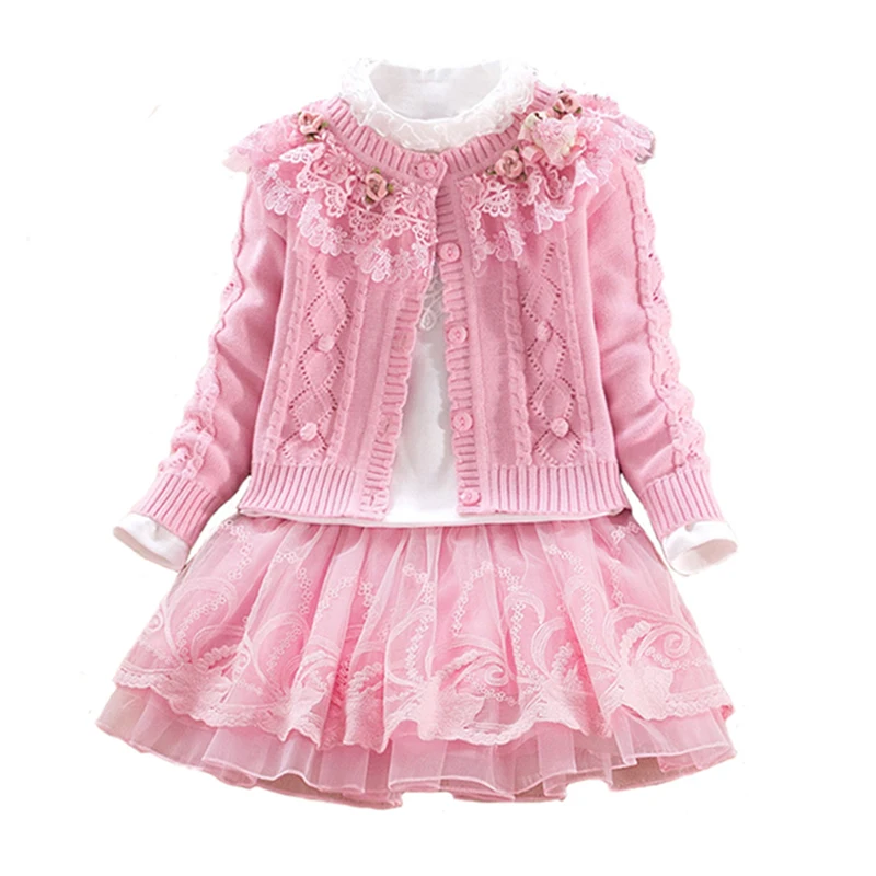 

Children's Sets Christmas Autumn Winter Girls Sweater Coat Cotton Shirt Lace Dress Long Sleeve Hand Beading Princess clothes