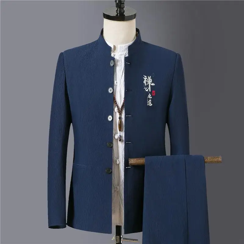 M-4XL, большие размеры, традиционный китайский стиль, мужские костюмы со стоячим воротником, куртка с длинными рукавами+ штаны, костюм жениха, 2 шт., офисная одежда, XXXXL - Цвет: Navy Tunic Suit Set
