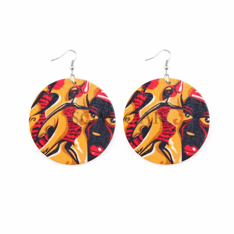 

60cm Round Wood African Beauty Black Queen Rock Africa Fashion Lady Earrings Vintage Party Jewelry Retro Wooden DIY Accessory