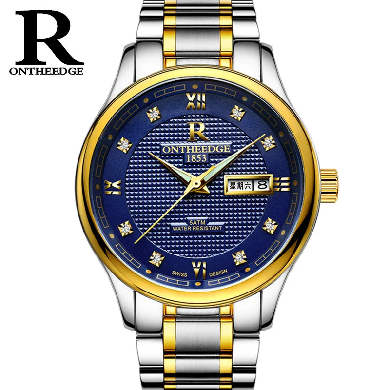 ONTHEEDGE Топ Роскошные мужские часы спортивные водонепроницаемые мужские деловые наручные часы с застежкой из нержавеющей стали мужские классические кварцевые часы подарок - Цвет: A Gold blue