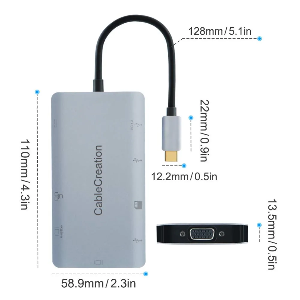 Концентратор USB C кабель (совместимый с Thunderbolt 3) 2 3 0 + разъемами типа мама HDMI 4K VGA SD