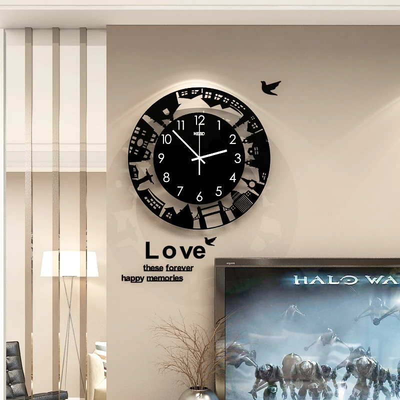 

Modern Silent Large Wall Clock Creative City Landmark Silhouette Hanging Clocks With Wall Stickers For Home Decor Free Shipping