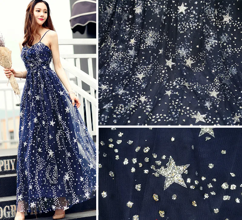 

New Navy blue black gauze stars sparkle net yarn lace fabric 120cm wide cloth DIY sew clothes dress curtain accessories SM243