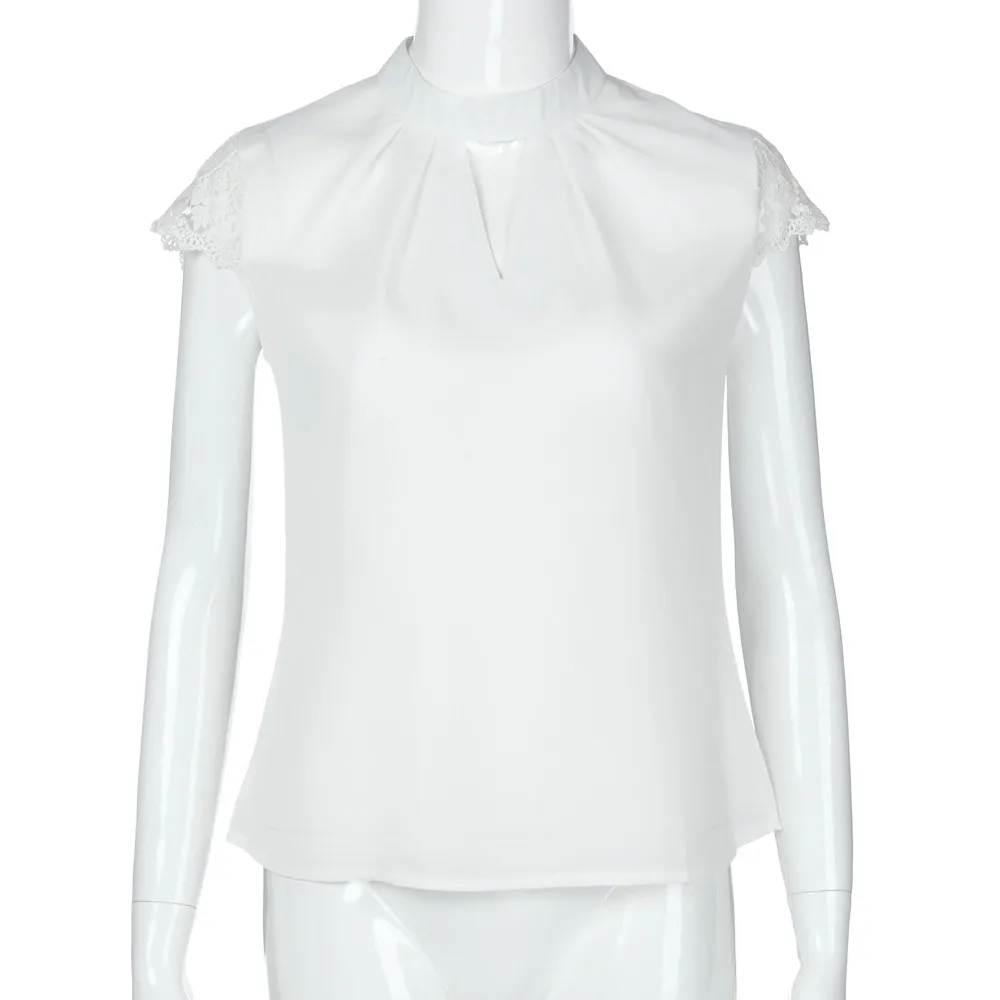 FEITONG элегантная Кружевная блуза, женская шифоновая блузка с коротким рукавом, блузка с отложным воротником, рубашки, открытая Повседневная белая блузка, топы