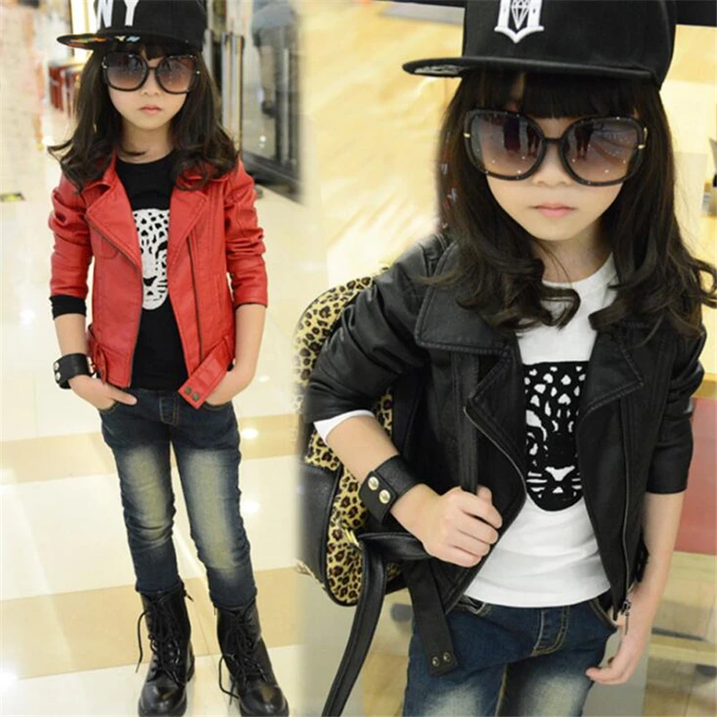 

2018 Fashion Baby Girl Faux Leather Jacket Kids Girls Coats Spring Kids Jackets Girls Casual Solid Color Children Outerwear