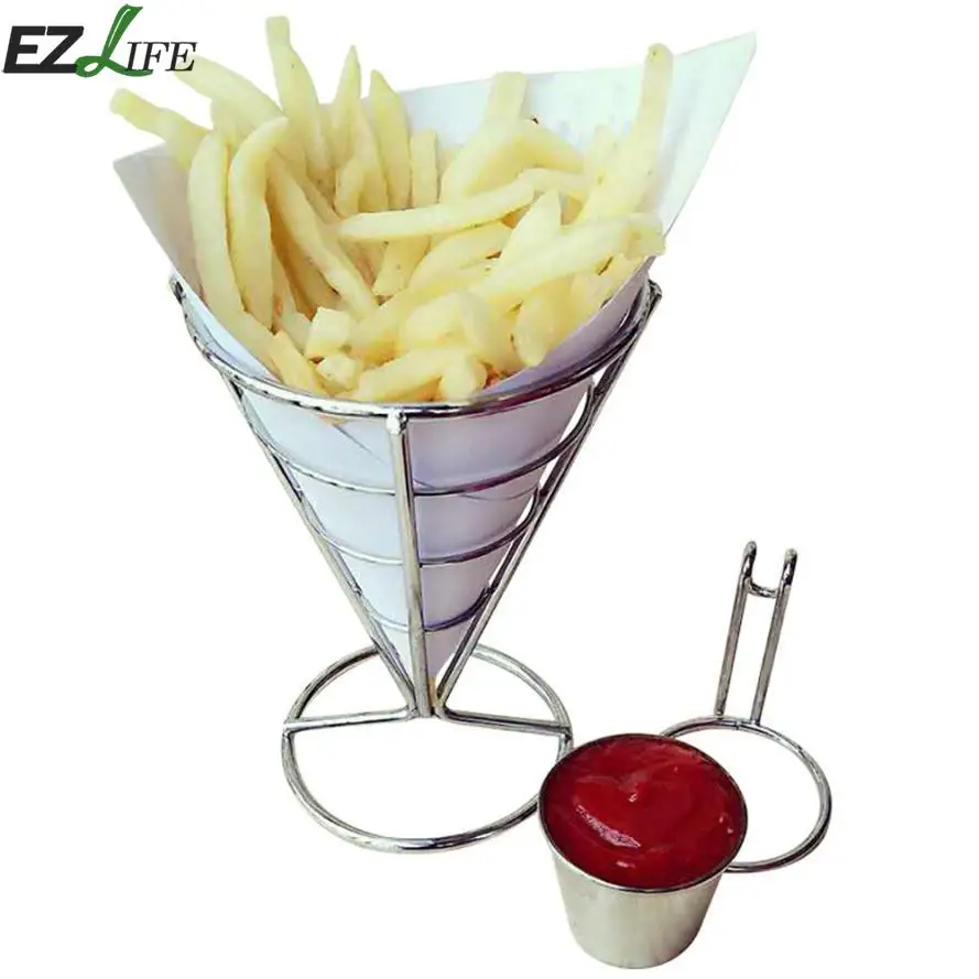 EZLIFE 1Pcs Metal shelf Chip Stand Holder French Fry Fries Bowl Black Metal Wire Kitchen Metal