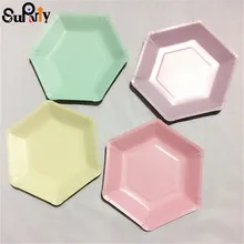 12 pçs pastel geo placas de papel pequeno rosa hortelã azul geometricparty doces pratos festa de aniversário casamento hexagonal utensílios de mesa(China)