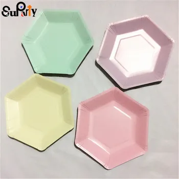 

12pcs Pastel Geo Paper Plates Small Pink Mint Teal Blue GeometricParty Sweet Dishes Birthday Wedding Party Hexagonal Tableware