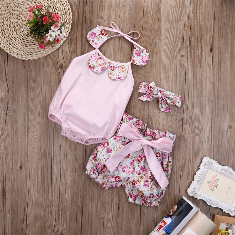 

3pcs Hot Sale Summer Baby Girl Jumpsuit+Shorts Floral Print Sleeveless Romper 2018 New Arrival Fashion Outfits Set Sunsuit 0-24M