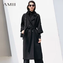 Amii модное женское Шерстяное Пальто Зима повседневное одноцветное с поясом регулируемый пояс двубортное тонкое женское длинное пальто