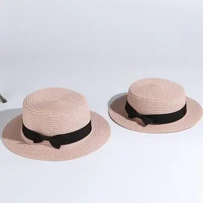 Популярная Солнцезащитная шляпа для родителей и детей, женские и мужские солнцезащитные шляпы, соломенная шляпа ручной работы с бантом, пляжная шляпа с плоским козырьком, Повседневная летняя кепка для девочек 52-55-58см - Цвет: light pinkadult