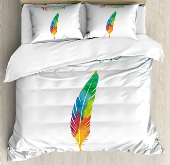

Feather Duvet Cover Set Rainbow Colored Quill and Be Creative Quote Writing Creation Motivational Image Bedding Set Multicolor