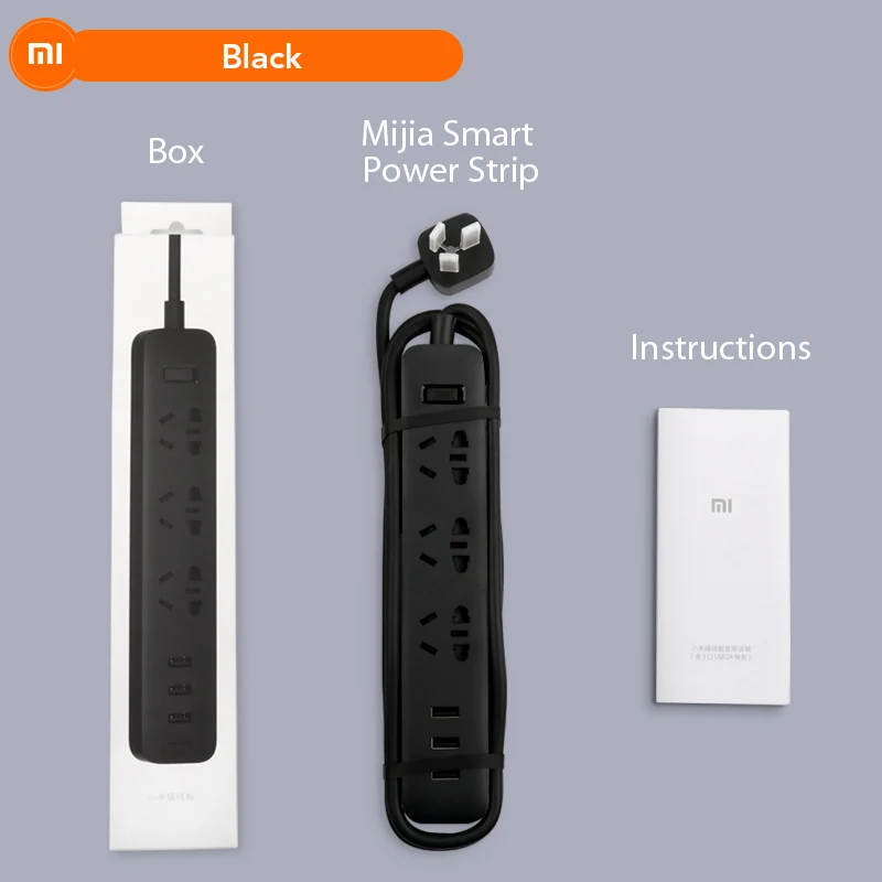 Xiaomi Mijia power Strip 1,8 м(5,9 фута) 3 гнезда 10 А 250 в 2500 Вт 3 порта USB 5 в 2,1 а EU AU UK мкА Plug адаптер для путешествий - Цвет: Black