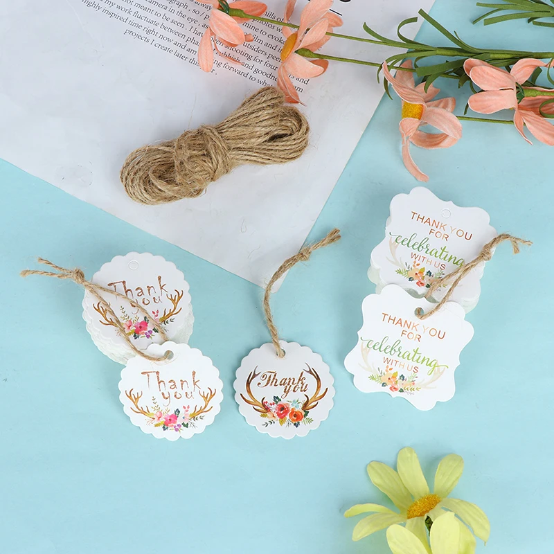

50pcs/pack DIY Gift Paper Tags Thank You Label Price Label Hang Tag Cards Wedding Party Paper Hang Tags Antler Flowers Tag
