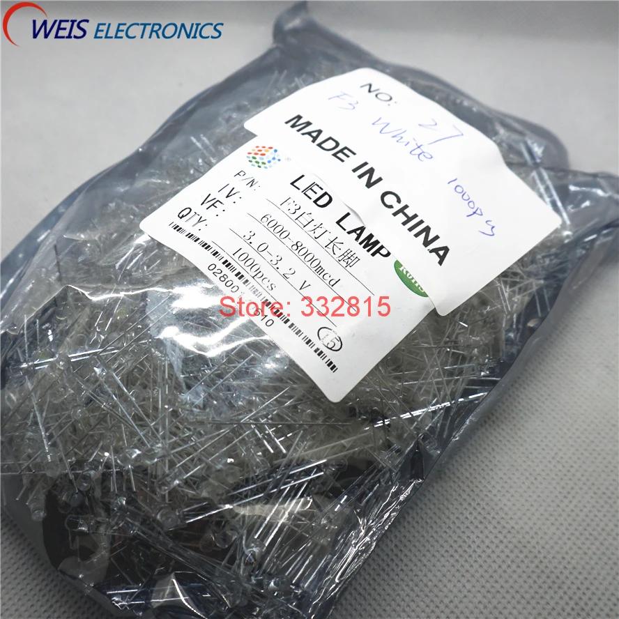 1000pcs White F3 3MM ROUND Water Clear LED Light