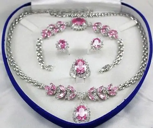 Hot sell Noble- hot sell new - Bridal Jewellery Women's Set Pink Crystal Necklace Earring Bracelet Ring +(box) NEW