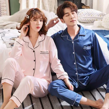

2 Piece Autumn Women Sleepwear Faux Silk Satin Pajamas Set Long Sleeve Sleepwear Pajamas Suit couple Homewear