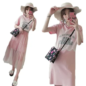 

Casual Dress Summer 5xl Female Long Mesh Patchwork Dress Two-piece Set Shirt Pink Dress For Girlfriend Cute Print Vestidos f302