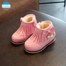 Зимние модные ботинки для маленьких девочек, бахрома, обувь для принцессы с бантом, плюшевые теплые зимние ботинки, Детская Хлопковая обувь для детей 1-5 лет