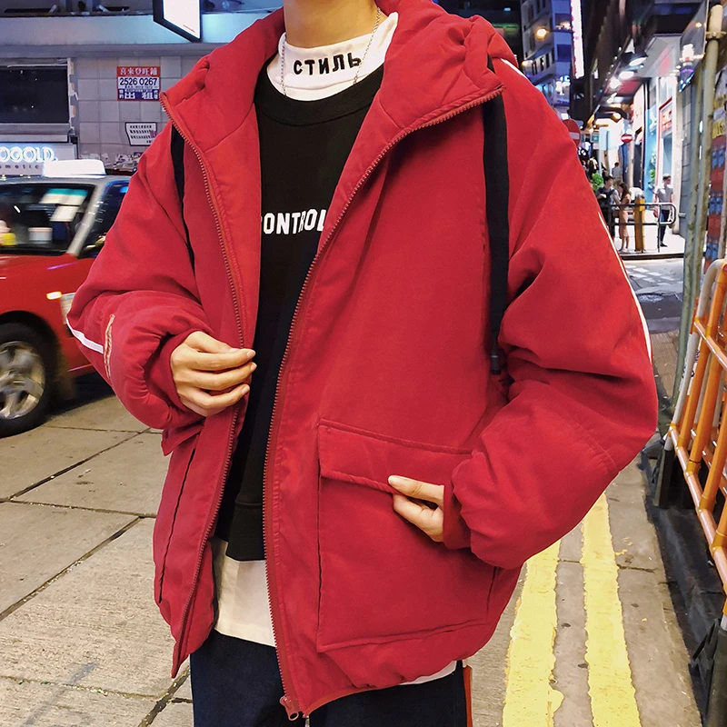 Горячая Распродажа, зимняя куртка свободного кроя с капюшоном и большим карманом для мужчин и женщин, хлопковая однотонная куртка-пуховик черного/метрового/Красного M-2XL - Цвет: Красный
