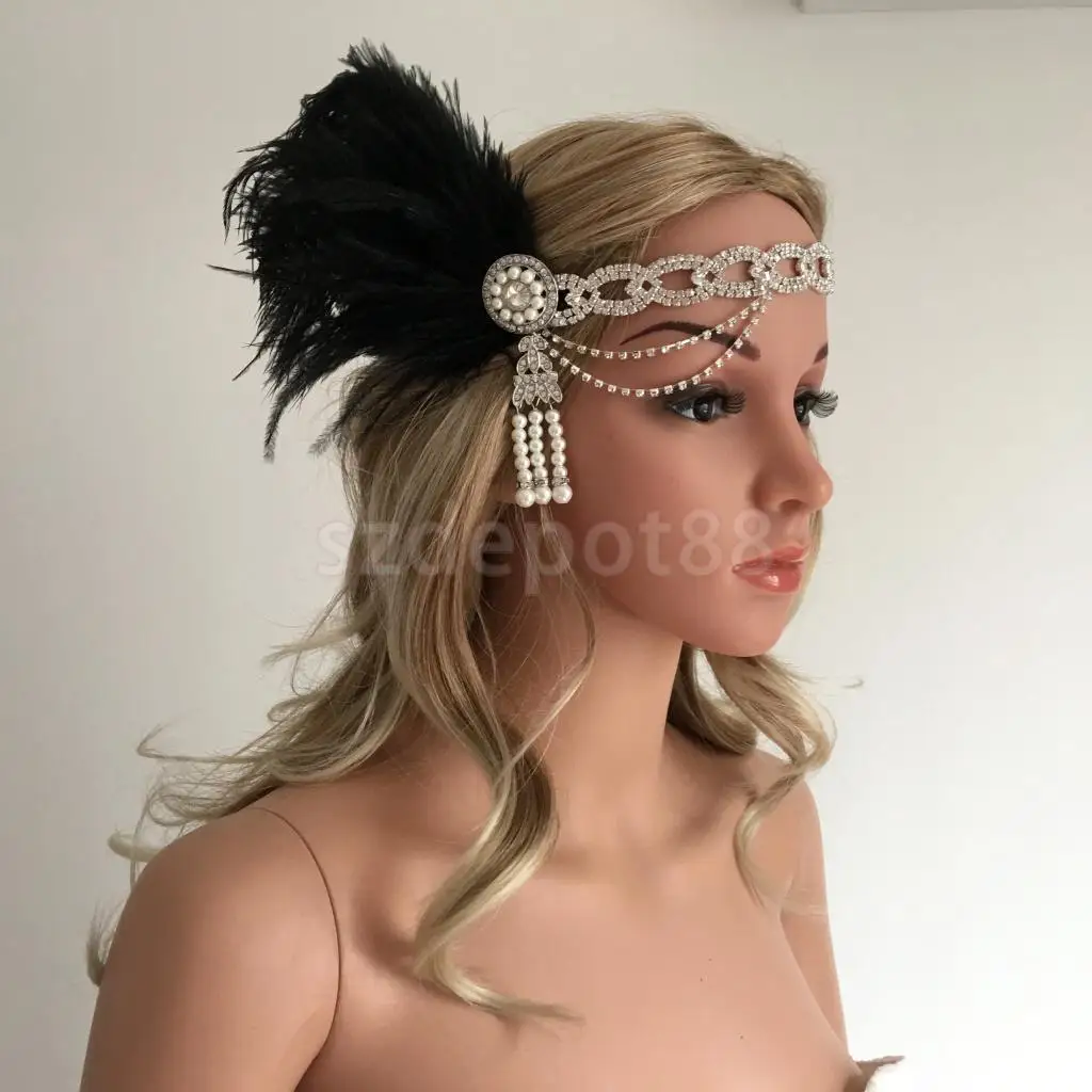

Crystal Chain Pearl Tassels Black Feather 1920s Headpiece Flapper Great Gatsby Headband Women Hair Accessory