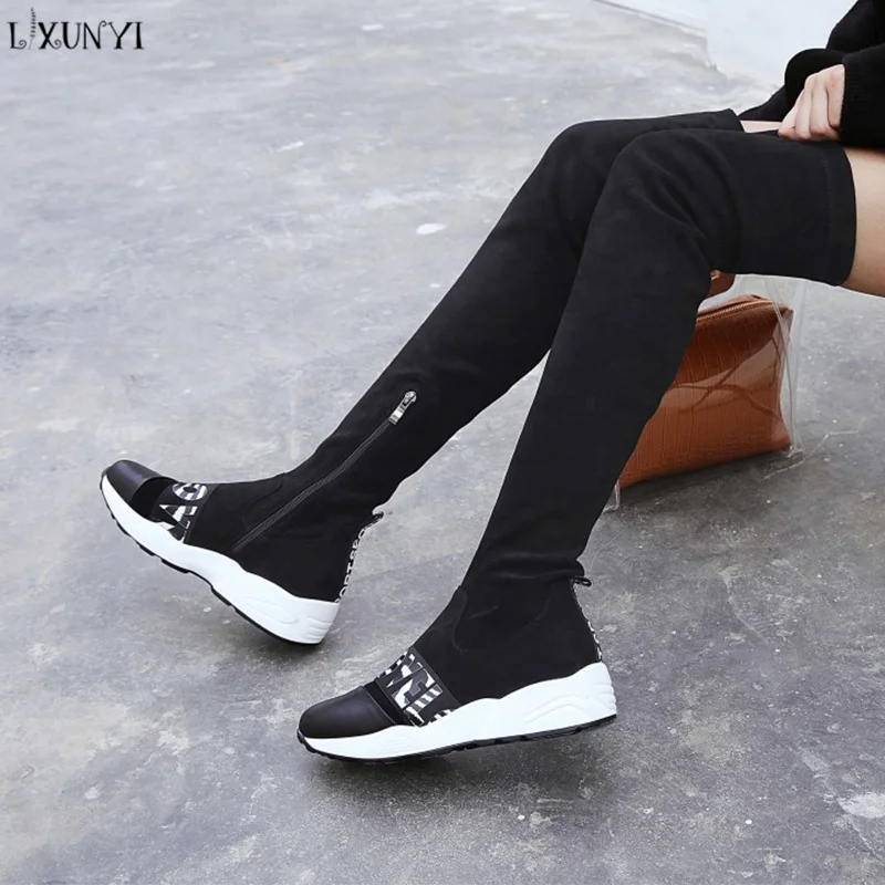 

LXUNYI 2018 New High Quality Black Warm Snow Boots Women Round Toe Platform Thigh High Boots Fashion Zipper Over The Knee Boots