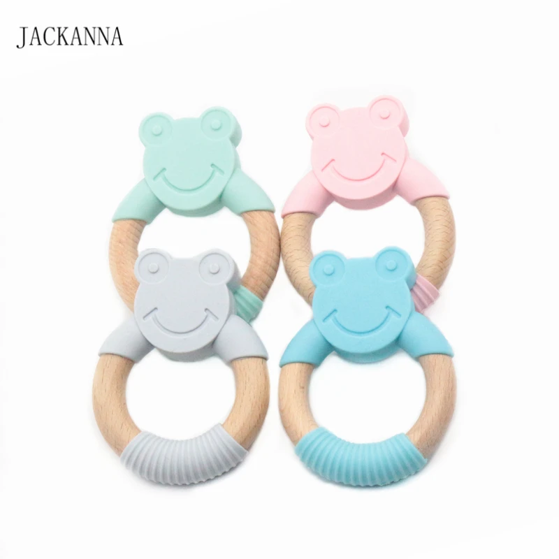 

10PC Frog Silicone Teether Wooden Animal Teether BPA Free Silicone Kralen Teething Toy Cartoon Circle Wood Ring Teether BPA Free
