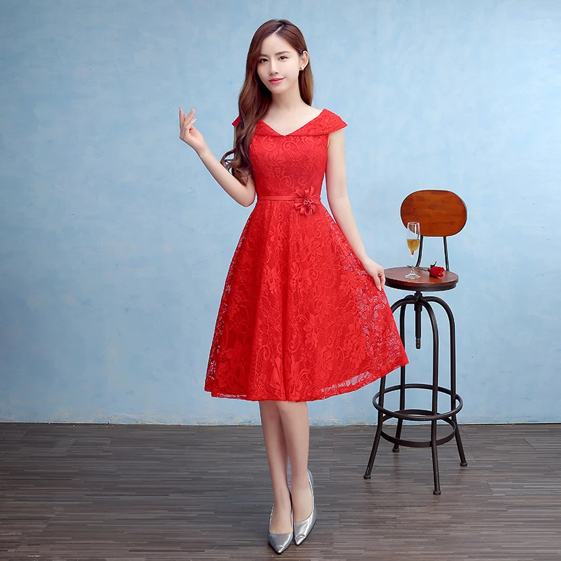 2016 New Lace Evening Dresses with Cap Sleeve Flower Red Bride Gown Ball Prom Party Homecoming/Graduation Princess Formal Dress