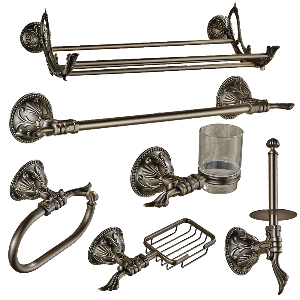 Antique Bronze Carved Bathroom Accessories Round Base Brass Bathroom Hardware Sets Wall Mounted