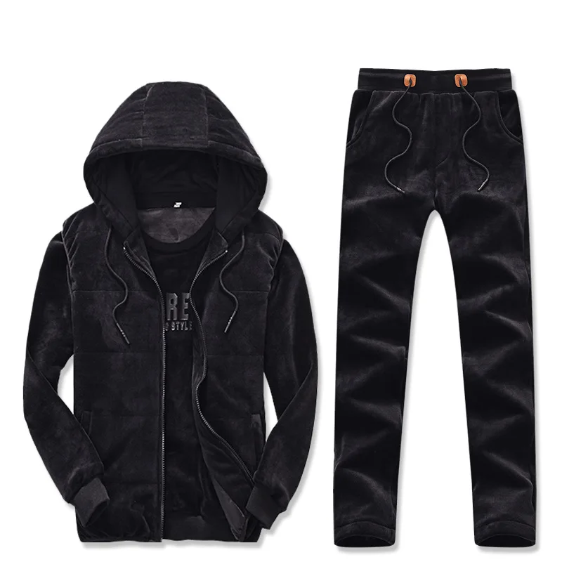 Осенне-зимний спортивный комплект из 3 предметов, мужской утепленный жилет с капюшоном, спортивные костюмы 163 - Цвет: Черный