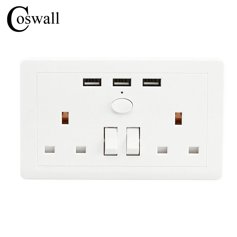 

COSWALL UK Standard Switched Wall Socket 3 USB Charger Port For Mobile Output 5V 3000mA On/Off LED Indicator Switch AC 110~250V