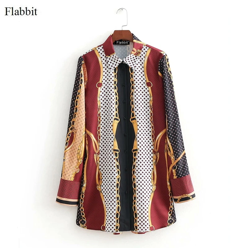 

Flabbit women vintage color matching chain print patchwork smock blouse ladies long sleeve dots print casual blusas tops LX0379