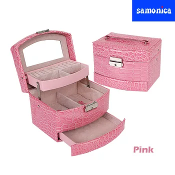 

New Pink Multi-function PU Leather Jewelry Box Three-layer Necklace Ring Earrings Jewelry Organize Gift Box Jewerly Box