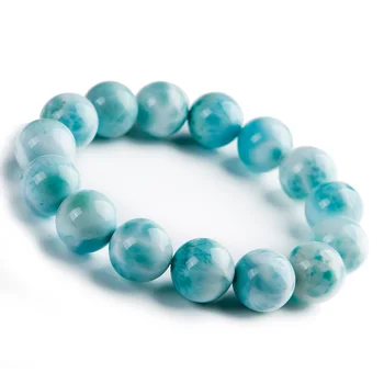 

Natural Blue Larimar Gemstone Round Beads Bracelet 15mm From Dominica Water Pattern StretchAAAAAA