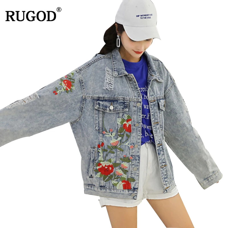 

RUGOD 2018 New Autumn Vintage Floral Embroidery Denim Jacket for Women Casual Ripped Hole Tassel BF Jean Jacket Basic Coat Femme