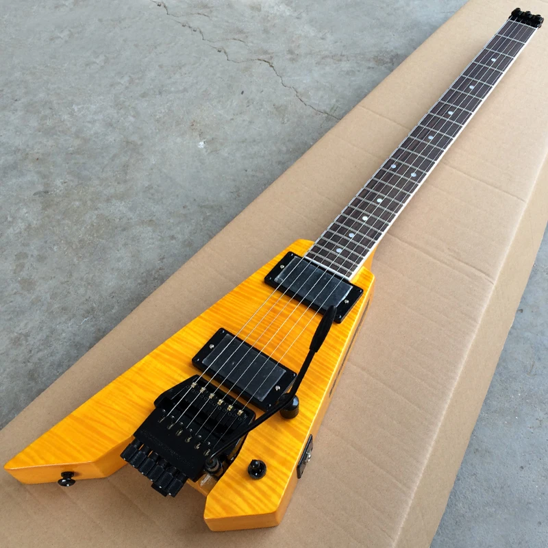 

New arrival Headless Electric Guitar, Double Tremolo Bridge Guitar, Flame Maple top, Black Hardware, Yellow Guitar