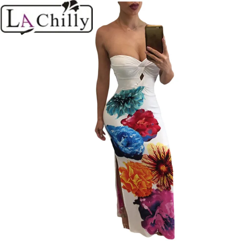 Buy Cheap La Chilly summer bodycon Dresses party Autumn dress Elegant 2017 Formal Evening Sexy Twist Front Bandeau Maxi Floral dress long