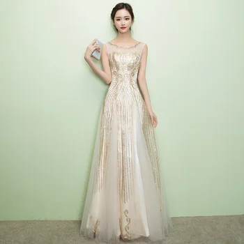 

2019 Sexy Scoop Sleeveless Long Golden Evening Dress Plus Size Evening Gown Formal Prom Party Dresses Robe De Soiree