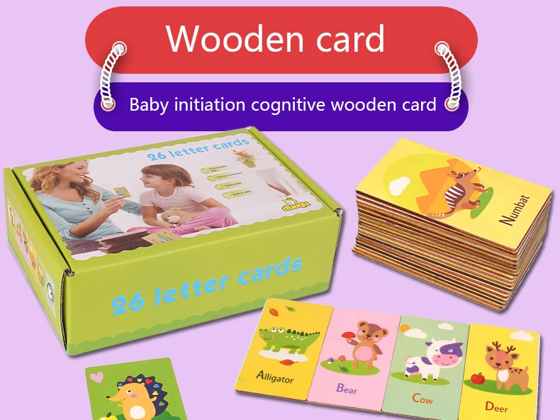 Mubei New Wooden Toys Cognitive Card Animals,English Words and letters Wooden Card for Child Educational Montessori Wood Toys