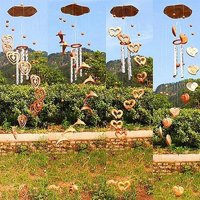 BESTOYARD Творческий Древесины Wind Chime колокольчик висячее декоративное украшение с двойной узор сердца