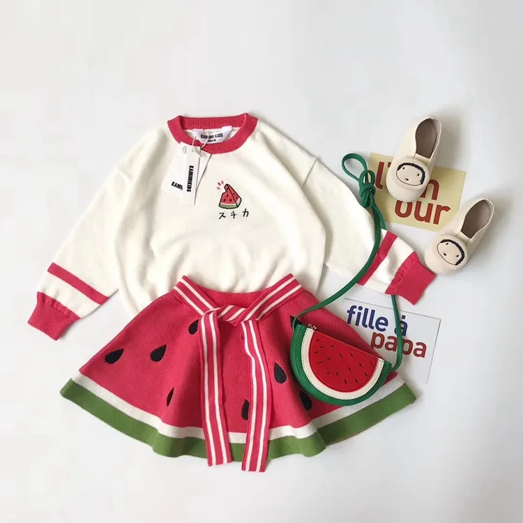 

Spring Autumn New Toddler Girl Clothes Girl Fashion Two-piece Suit Sweet Lovely Watermelon Embroidered Knitted Girl Skirt Suit