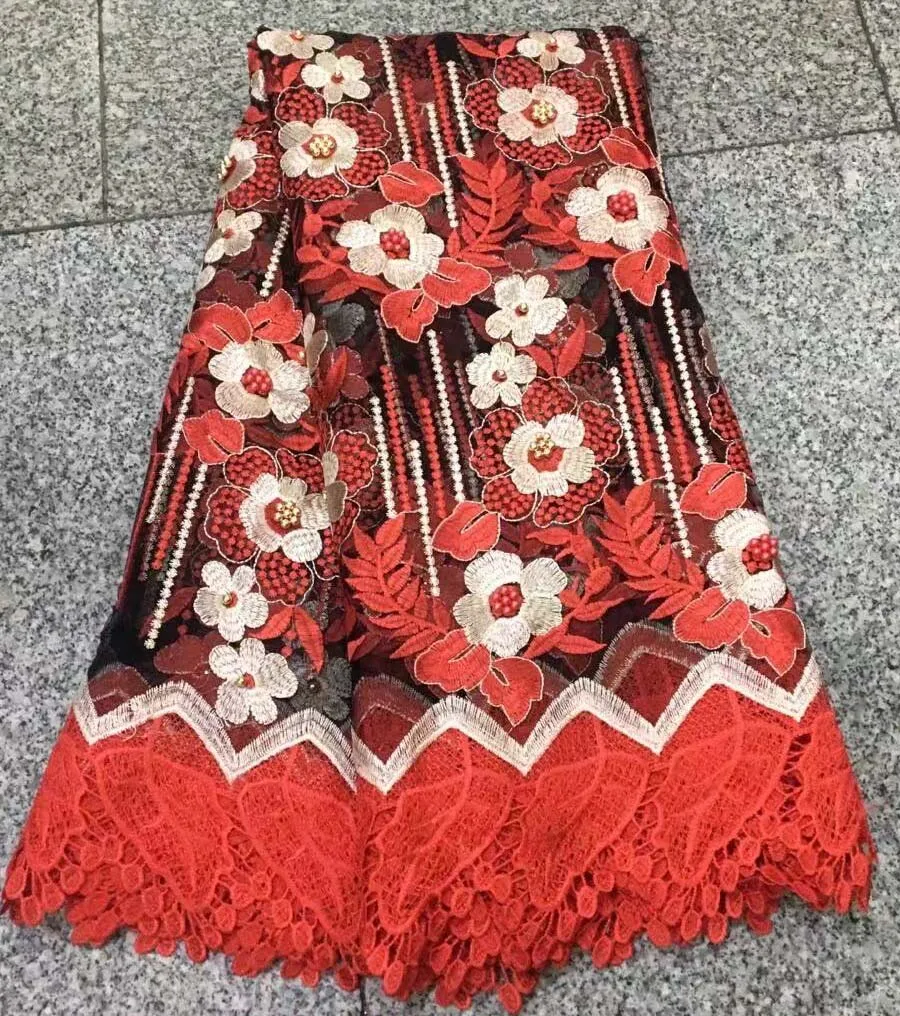 

Bridal Fabric 2018 African Lace Fabric Pearl High Quality 3D Flower Embroidery Nigerian Lace Fabrics For Wedding Dress