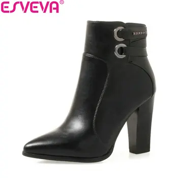 

ESVEVA 2018 Women Boots Pointed Toe Fashion Western Style Ladies Ankle Boots PU Leather Zippers Spring Autumn Shoes Size 34-39