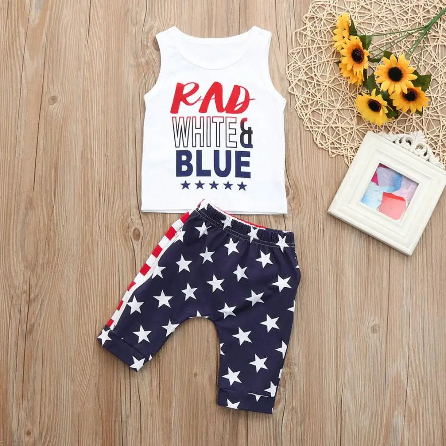 Newborn Baby Girls 3 Pcs Outfits 4th of July Letter Vest Top and Baseball Pompom Shorts Pants Set with Headband