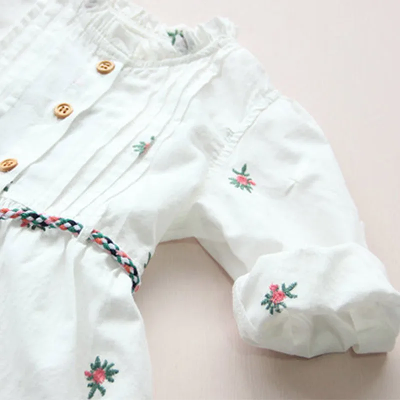 Spring Autumn 3 4 5 6 8 10 Years Children Cotton Embroidery Print Baby Kids Girls Long Short Sleeve White Dress With Belt