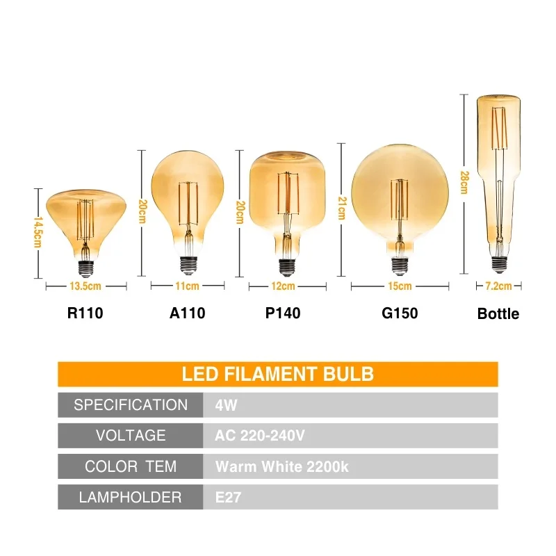 Винтажная лампа Эдисона R110 A110 P140 G150 бутылка лампочка для люстры 220 В светодиодный светильник лампа накаливания лампада свет веревка держатель лампы