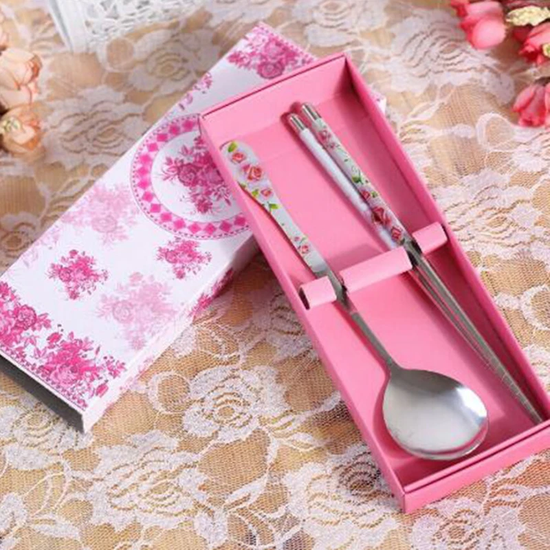 1 шт. палочки для еды из нержавеющей стали ложка комплект в подарочной коробке для домашнего ресторана для ресторана палочки для суши сувениры X - Цвет: pink