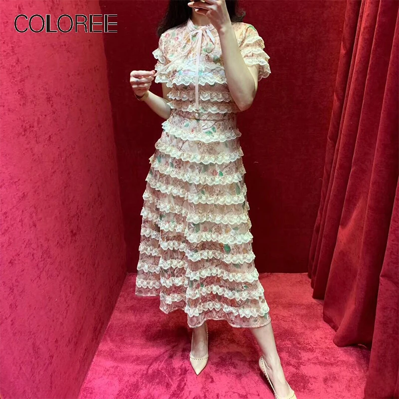 COLOREE High Quality Chic Summer Midi Dress Sexy See Through Mesh Lace-up Ribbon Neck Ruffles Cake Party Dress