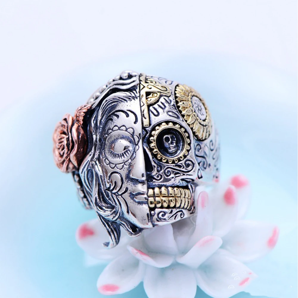 MetJakt Angels and Demons Punk Rings & Hand Engraved Flowers Solid 925 Sterling Silver Ring for Men's Vintage Ingenious Jewelry MetJakt Angels and Demons Punk Rings & Hand Engraved Flowers Solid 925 Sterling Silver Ring for Men's Vintage Ingenious Jewelry