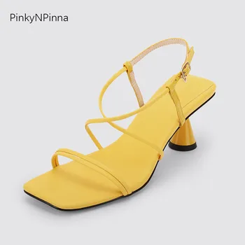 

ladies runway style gladiator sandals leather spike heels thin straps solid yellow white square toe designer summer shoes women